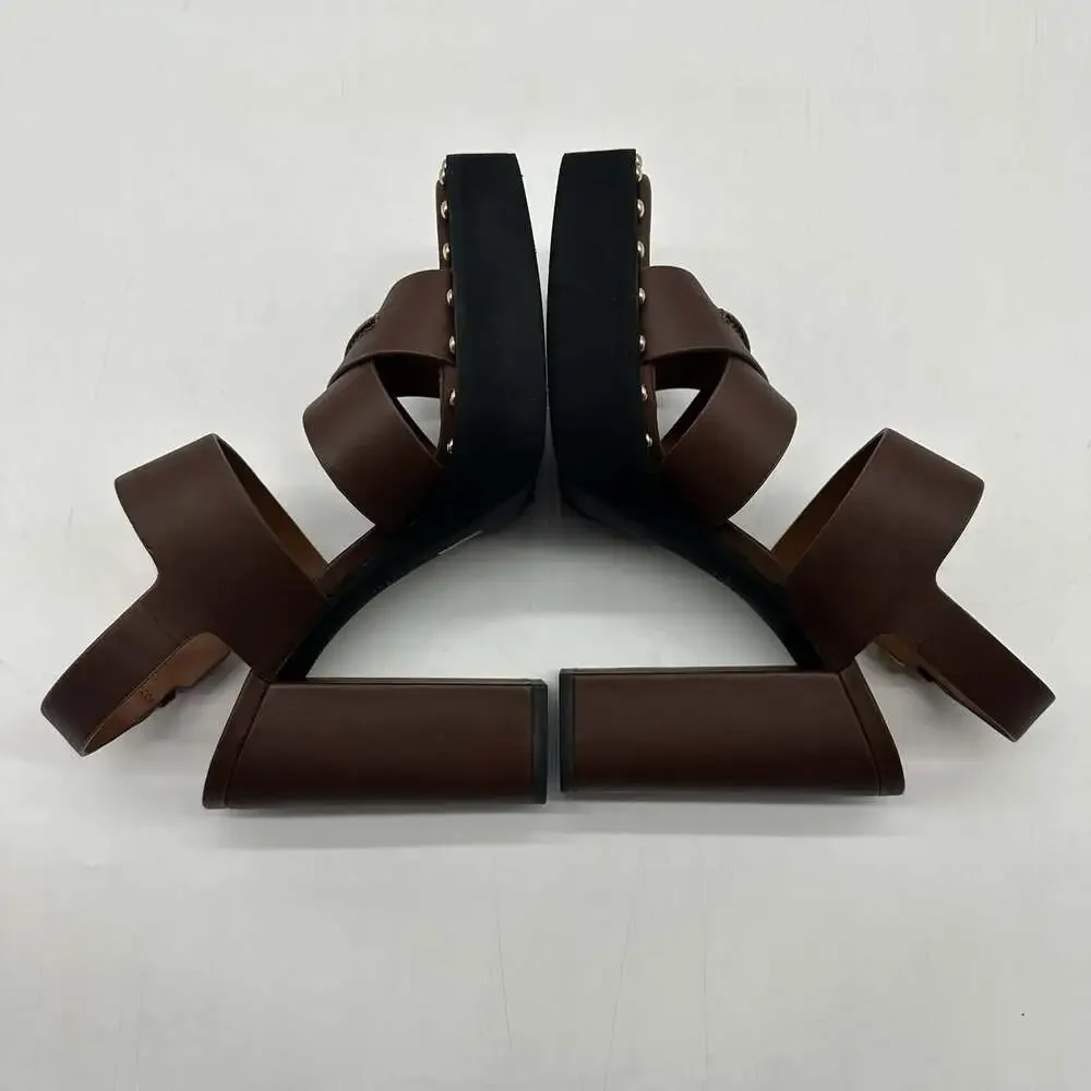 COACH Callie Platform Saddle Brown Leather Strappy Heels Sandals Women's Size 8B